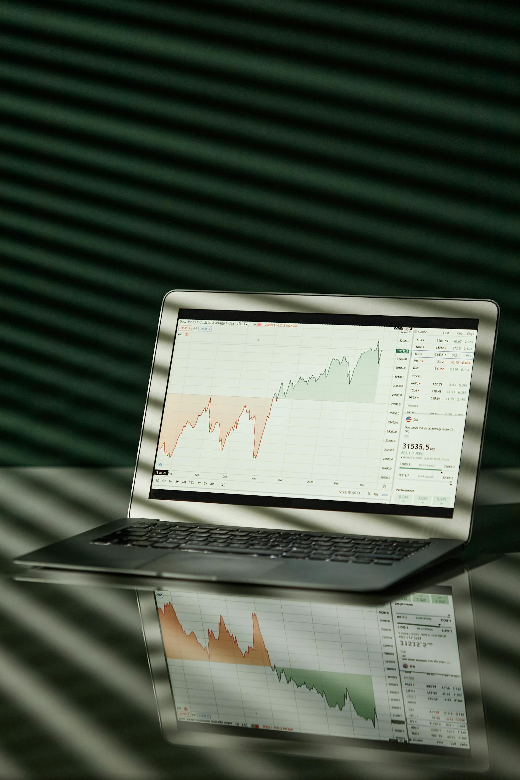 A laptop shows a detailed financial graph with a clear reflection on a glossy surface.
